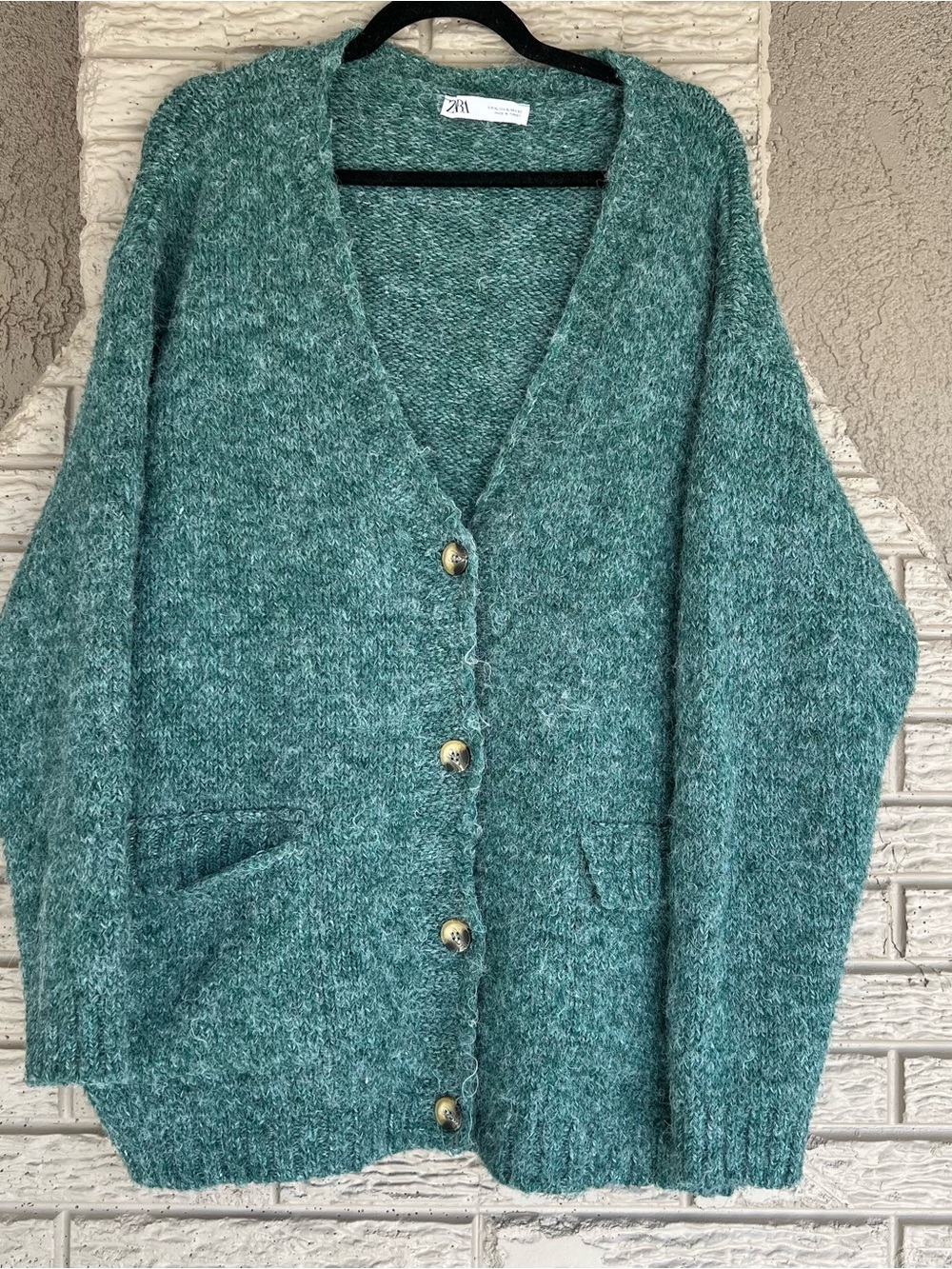 Zara Button Up Knit Fuzzy Cardigan Comfy Teal Oversized Grandpa Sweater -XL